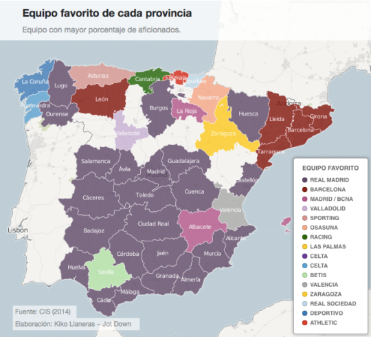 Spain's favorite soccer teams by province